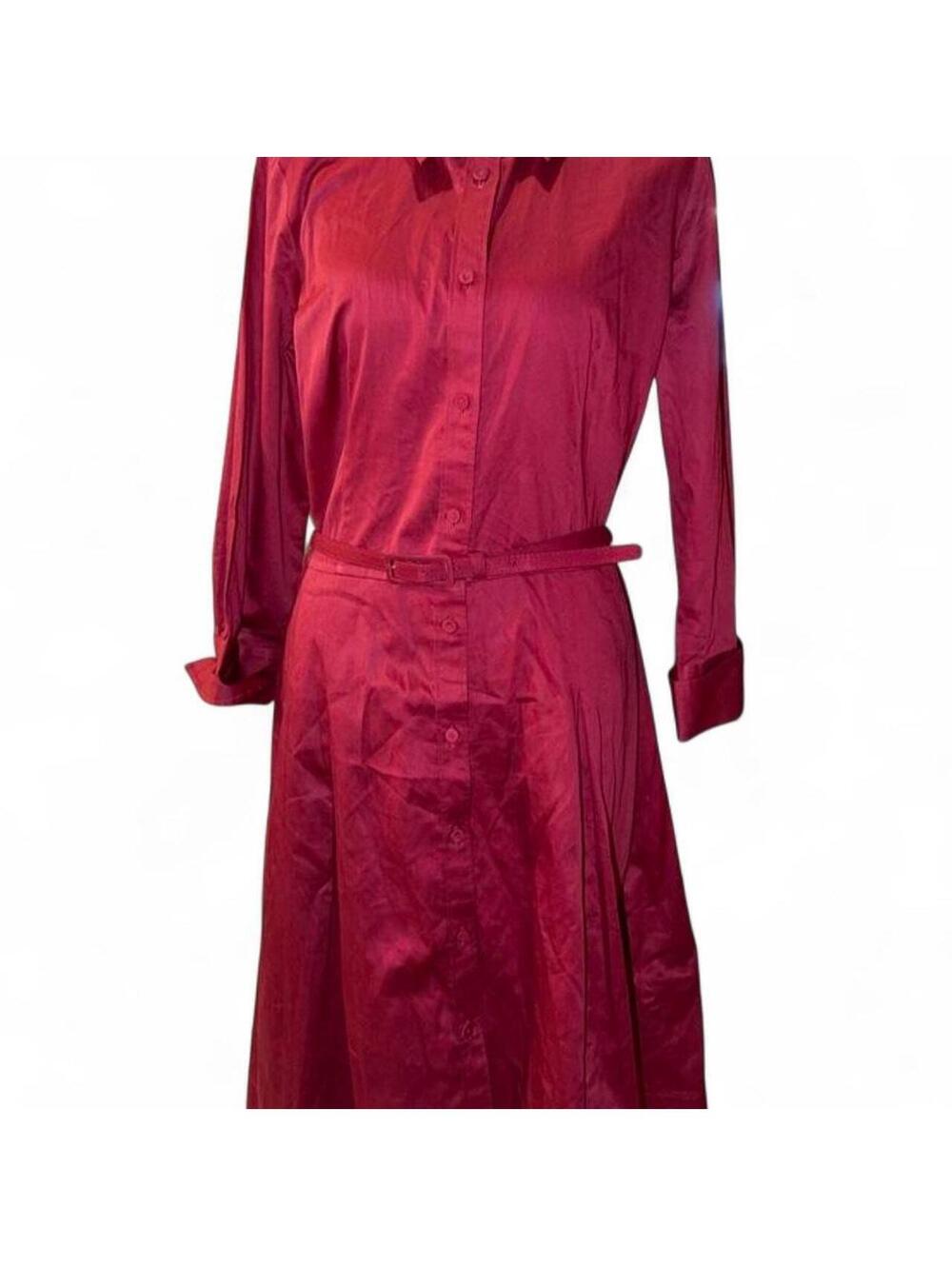 Talbots Petite Red Stretch Cotton Long Sleeve Belted Midi Shirt Dress - Size 12P